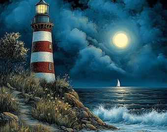 Puede incluir: Un faro rojo y blanco a rayas con una luz brillante que brilla desde la parte superior se encuentra en un acantilado rocoso con vistas a un océano azul oscuro. Un velero navega en la distancia sobre el agua bajo la luna llena.