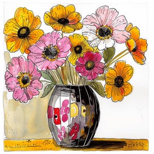 Impresión artística de 16 jarrones de flores de colores, decoración de pared, póster de pintura botánica, obra de arte floral vibrante, decoración de interiores del hogar, arte imprimible.