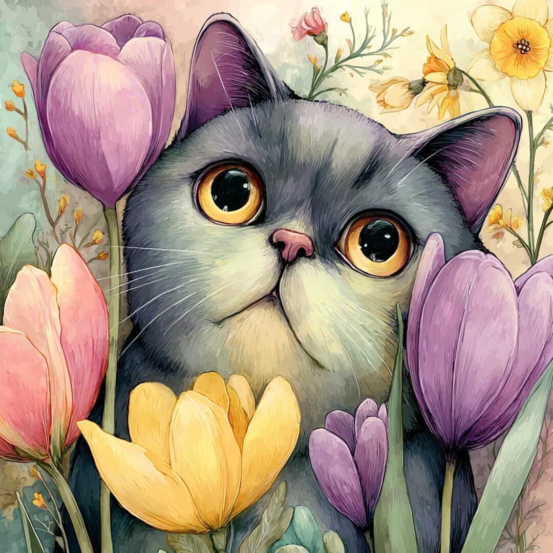 20 Cute Kitten Floral Art Whimsical Cat Portraits Pastel Spring Flowers ...
