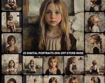 May include: A collage of 22 digital portraits of children, each with a unique expression and pose. The portraits are painted in a realistic style with soft colors and subtle details. The text "22 DIGITAL PORTRAITS 25% OFF STORE WIDE" and a website address are included in the image.