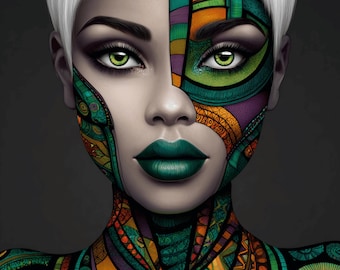 May include: A digital art portrait of a person with short white hair and striking green eyes. The face and neck are adorned with intricate, colorful geometric patterns in shades of green, orange, and purple. The lips are a deep teal color, creating a bold contrast.