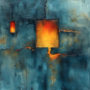 Puede incluir: Pintura abstracta con un fondo azul texturizado y dos formas rectangulares de color naranja y amarillo. Las formas están delineadas en negro y parecen ser ventanas o aberturas.