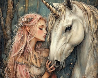 15 Magical Elven Princess and Unicorn Wall Art | DIY Fantasy Printable Art for Girls' Room, Sublimation Designs, Fairytale Decor, Gifts