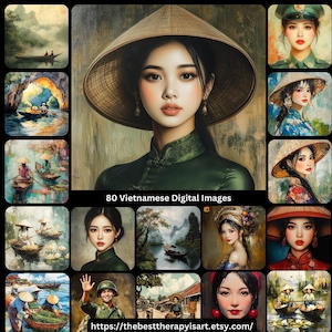 May include: A collage of 80 digital images featuring Vietnamese women in traditional clothing and landscapes. The images are in a variety of styles, from realistic to stylized. The text "80 Vietnamese Digital Images" is displayed in the center of the collage.