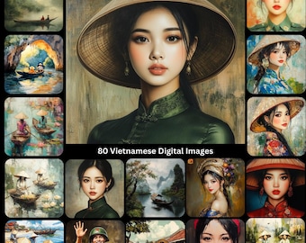 80 Vietnamese Art Prints Digital Download Female Portrait Traditional Ao Dai Dress, Asian Decor Expressive Wall Art Cultural Home Decor