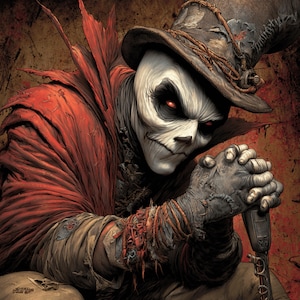 May include: Digital art of a menacing figure with a white face, black eyes, and red pupils, wearing a tattered top hat and red cloak. The figure's hands are clasped, and the overall tone is dark and ominous.