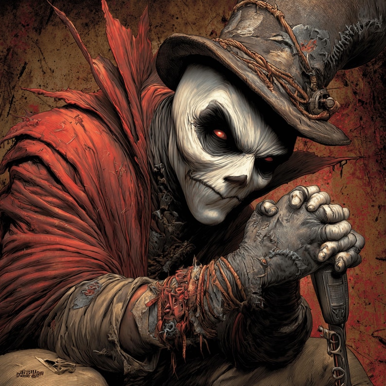 May include: Digital art of a menacing figure with a white face, black eyes, and red pupils, wearing a tattered top hat and red cloak. The figure's hands are clasped, and the overall tone is dark and ominous.