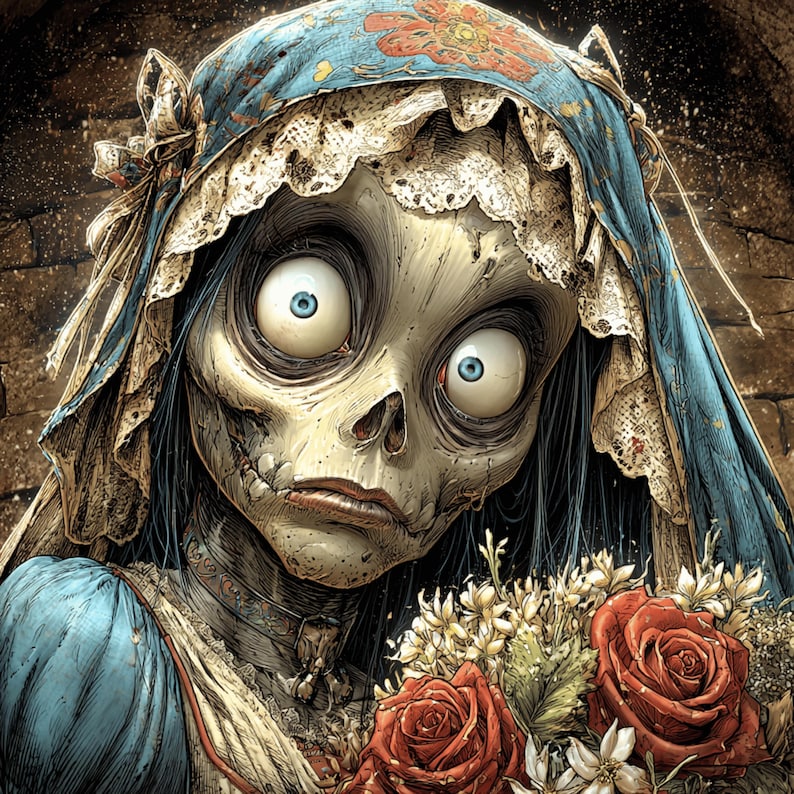 Close-up of a skeletal bride with bulging eyes, wearing a vintage lace bonnet and holding roses.