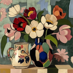 Impresión artística de 12 flores en un jarrón, póster cuadrado grande, descarga digital, pintura floral llamativa, decoración moderna del hogar, arte mural botánico