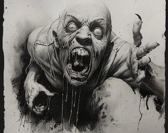 Puede incluir: Ilustración en blanco y negro de un zombi emergiendo de una superficie. El zombi tiene una expresión grotesca y gritando con dientes expuestos, piel pálida y sangre goteando. Su mano con garras se extiende, creando una sensación de horror.