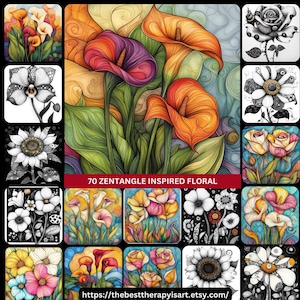 May include: A collage of 70 digital illustrations of flowers in various styles, including zentangle, line art, and watercolor. The flowers are in a variety of colors, including red, orange, yellow, green, blue, and purple. The collage is titled "70 Zentangle Inspired Floral" and includes the website address "https://thebesttherapyisart.etsy.com/"