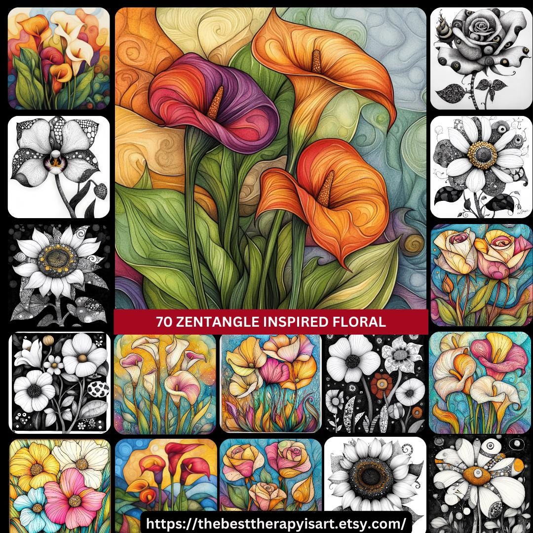 70 Digital Images Zentangle Inspired Floral Flowers Botanical Boho ...