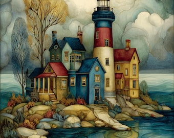 19 Coastal Lighthouse Watercolor Wall Art Prints, Nautical Ocean Scene Digital Download, Seaside Cottage Artwork PNG Files