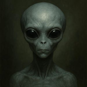 Puede incluir: Un retrato de un alienígena gris con una cabeza grande, ojos negros grandes y un cuello delgado. El alienígena tiene una expresión seria y está sobre un fondo verde oscuro. La imagen es una pintura digital.