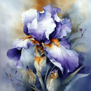 May include: A watercolour painting of a purple iris flower with white highlights and orange details. The flower has large, ruffled petals against a soft, blue and brown background. The image captures the delicate beauty of the flower.