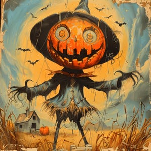 May include: A Halloween painting featuring a scarecrow with a carved pumpkin head. The scarecrow is dressed in a black hat and tattered blue clothes. Bats are seen flying in the sky above a field with a small house and pumpkins.