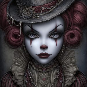 May include: A digital portrait of a female clown with pale skin, red hair, and dramatic makeup. She wears a detailed hat adorned with a rose and pearls, a ruffled collar, and a pendant necklace. The image has a gothic, vintage aesthetic.