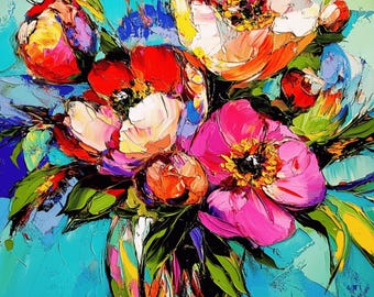マルチカラーの花の抽象アート - 大胆な壁の装飾、モダンなホーム