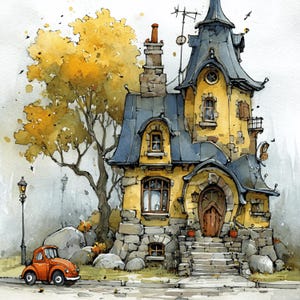 24 grillige verhalenboeken Cottage Village-kunstcollectie met herfstbomen en charmante huizen
