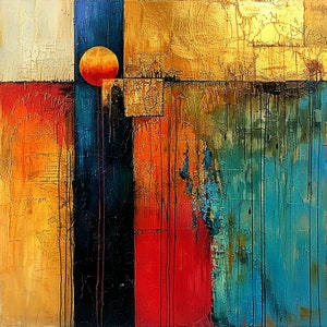 Op de afbeelding: Abstract schilderij met een gedurfd, geometrisch ontwerp. Het schilderij heeft een grote, oranje cirkel in de linkerbovenhoek, omringd door een verscheidenheid aan kleuren, waaronder blauw, rood, geel en groen. De kleuren zijn aangebracht in een textuurrijke, gelaagde stijl, waardoor een gevoel van diepte en beweging ontstaat.