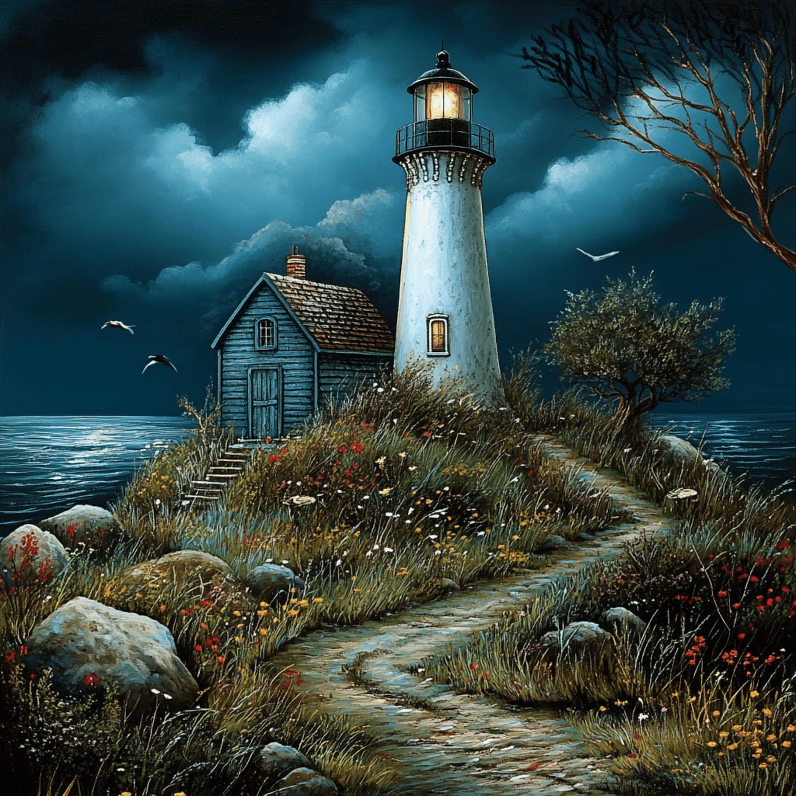 25 Digital Images, Lighthouse at Night, Large Square Moody Artwork ...