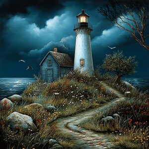May include: A white lighthouse with a blue roof stands on a rocky cliff overlooking a dark blue sea. A small wooden house with a blue door is located to the left of the lighthouse. A winding path leads up to the lighthouse from the sea.