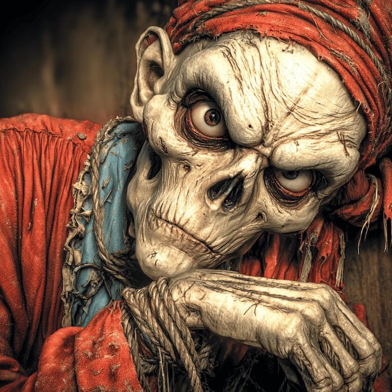 May include: A detailed, artistic depiction of a grotesque, skeletal figure with intense eyes and a red head covering. The figure is wearing a red garment with blue accents and appears to be resting its head on its hand, which is bound with rope.