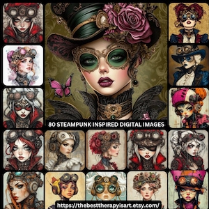 80 Steampunk Digital Images Set, Steampunk Art Prints, Retro-Futurism Neo-Victorian Sci-Fi, Clockwork Fantasy Art Bundle