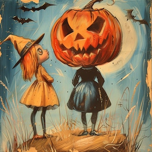 May include: A Halloween illustration featuring a girl in a yellow dress and witch's hat looking at a figure with a pumpkin head. Bats are silhouetted against a blue sky with a full moon, with long grass in the foreground.