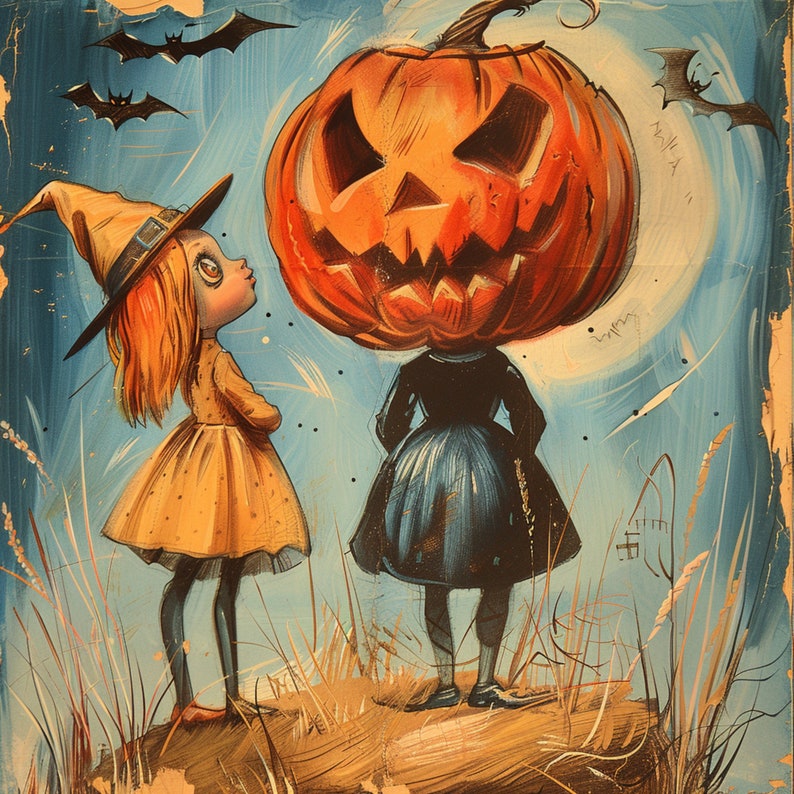 May include: A Halloween illustration featuring a girl in a yellow dress and witch's hat looking at a figure with a pumpkin head. Bats are silhouetted against a blue sky with a full moon, with long grass in the foreground.