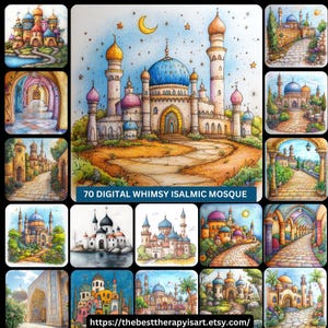 May include: A collection of whimsical digital art prints featuring Islamic mosques and architecture. The images showcase colorful buildings with domes, minarets, and arched entryways. The text "70 DIGITAL WHIMSY ISALMIC MOSQUE" is visible.