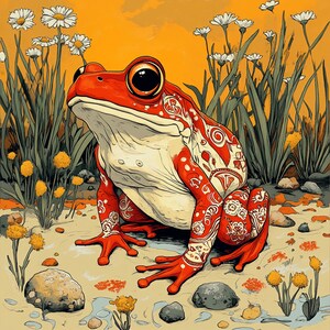 May include: A red and white frog with intricate patterns sits on a sandy surface surrounded by green plants and white flowers.