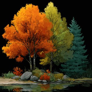 11 herfstboom kunst aan de muur wordt afgedrukt, herfstlandschap digitale download, kleurrijke bosscène botanische kunstwerken png-bestanden voor huisinrichting