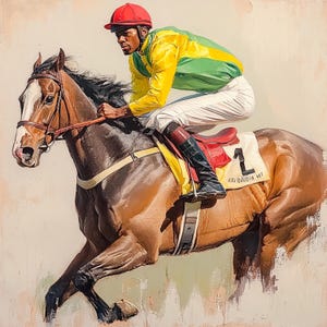 K&ouml;nnte beinhalten: Ein Jockey in einem gr&uuml;n-gelben Rennanzug reitet ein braunes Pferd. Das Pferd tr&auml;gt einen roten Sattel und die Nummer 1 an der Seite. Der Text "NEW AUDIA MT" steht an der Seite des Pferdes.