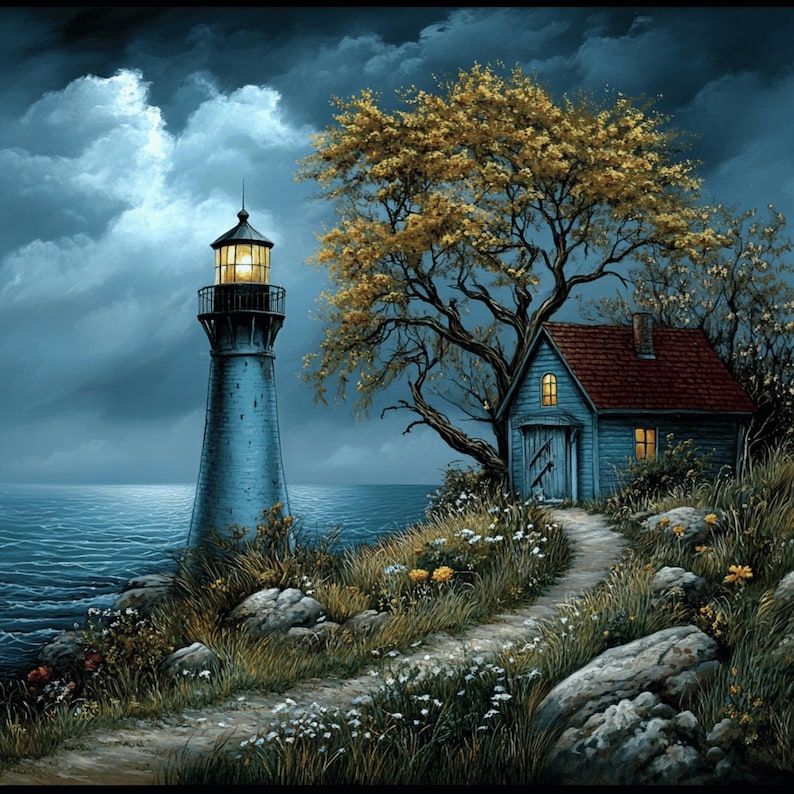 May include: A blue lighthouse with a bright yellow light shines on a dark blue sea. A small blue house with a red roof sits on a grassy hill with a path leading to it. A large tree with yellow leaves stands in front of the house.