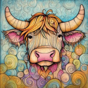 Può includere: Un'illustrazione colorata di una mucca con motivi a spirale sullo sfondo. La mucca ha un naso rosa e grandi occhi espressivi.