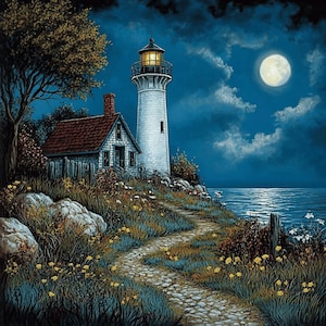 May include: A white lighthouse with a yellow light shines brightly against a dark blue sky with a full moon. A small, red-roofed house sits on a grassy hill leading down to a calm, blue ocean.