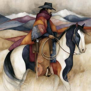 May include: A painting of a rider wearing a wide-brimmed black hat and a multi-colored patterned poncho, mounted on a black and white pinto horse. The rider carries a coiled lasso and wears leather chaps, set against a backdrop of rolling hills.