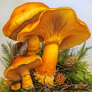 K&ouml;nnte beinhalten: Eine lebendige Illustration von mehreren gold-orangen Pilzen mit strukturierten Kappen und Stielen. Die Pilze sind von gr&uuml;nem Laub umgeben, darunter Tannennadeln und ein kleiner Tannenzapfen, wodurch eine nat&uuml;rliche Szene entsteht.