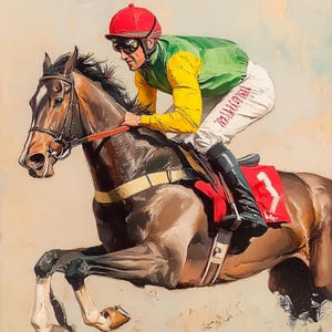 K&ouml;nnte beinhalten: Ein braunes Pferd mit einem roten Sattel und einem Jockey, der eine rot-wei&szlig;e M&uuml;tze und eine gr&uuml;n-gelbe Jacke tr&auml;gt. Der Jockey reitet das Pferd und das Pferd ist in der Luft.