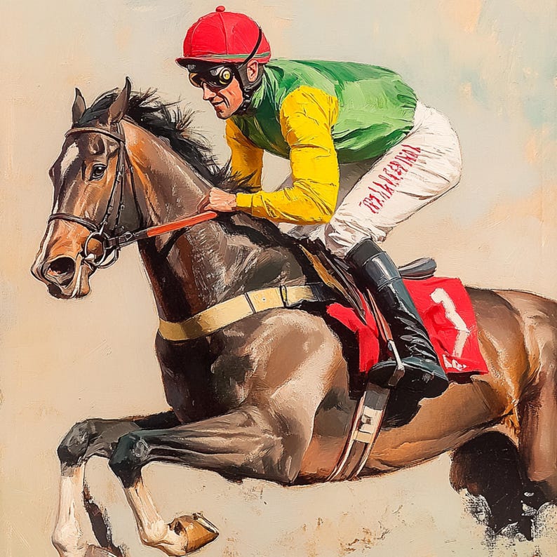 K&ouml;nnte beinhalten: Ein braunes Pferd mit einem roten Sattel und einem Jockey, der eine rot-wei&szlig;e M&uuml;tze und eine gr&uuml;n-gelbe Jacke tr&auml;gt. Der Jockey reitet das Pferd und das Pferd ist in der Luft.