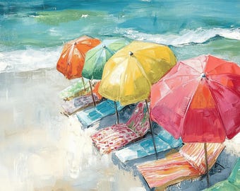 Colorful Beach Umbrella Wall Art Set, Coastal Summer Prints for Women, Beach Decor for Home Office, Digital Gift for Beach Lovers