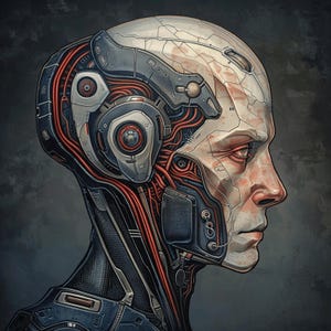 May include: A close-up profile view of a cyborg head with exposed wiring and mechanical parts. The head is mostly white with red and blue accents. The cyborg has a human-like face with a serious expression.
