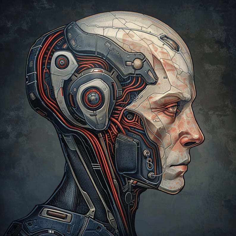 May include: A close-up profile view of a cyborg head with exposed wiring and mechanical parts. The head is mostly white with red and blue accents. The cyborg has a human-like face with a serious expression.