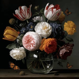 May include: A still life painting of a floral arrangement in a clear glass vase. The bouquet features tulips, roses, and other flowers in shades of red, white, yellow, orange, and blue. Orange butterflies flutter around the flowers against a dark background.