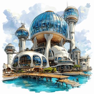 May include: A futuristic city with white buildings and blue glass domes, set on a waterfront with a pier and blue water.