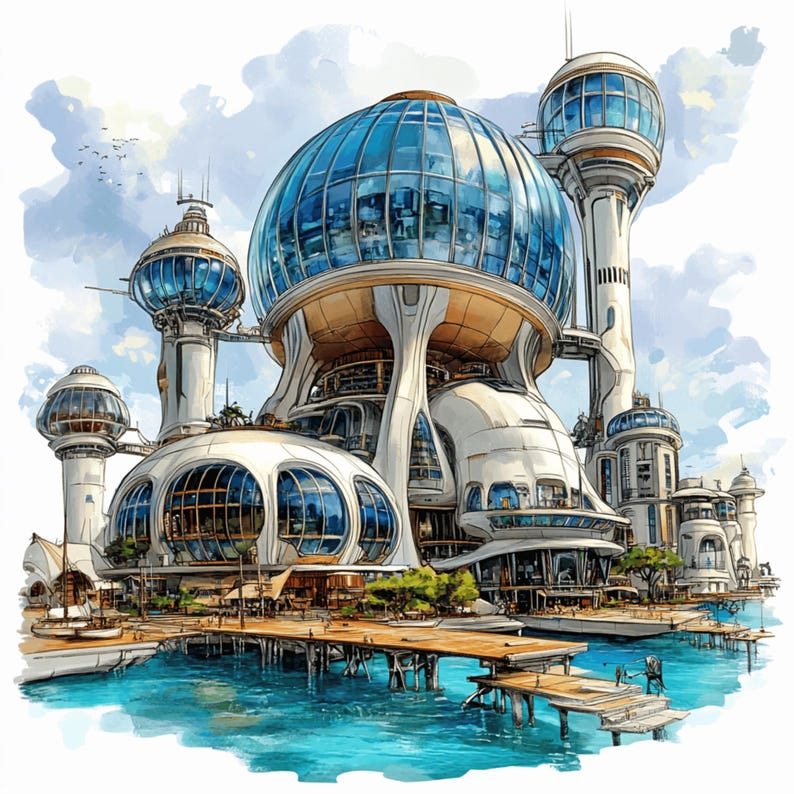 May include: A futuristic city with white buildings and blue glass domes, set on a waterfront with a pier and blue water.