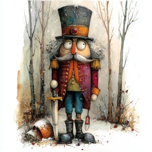 May include: A nutcracker figure wearing a tall dark top hat with a red gem, a long maroon coat with gold fringe epaulets, and blue trousers. The figure has a white mustache, large eyes, and holds a silver sword. A helmet lies on the ground.
