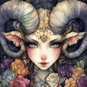 Pode incluir: Uma pintura em aquarela de uma mulher com chifres e uma coroa adornada com joias. Ela tem um rosto delicado com olhos grandes e uma expressão suave. Ela está cercada por rosas em tons de roxo, amarelo e branco.