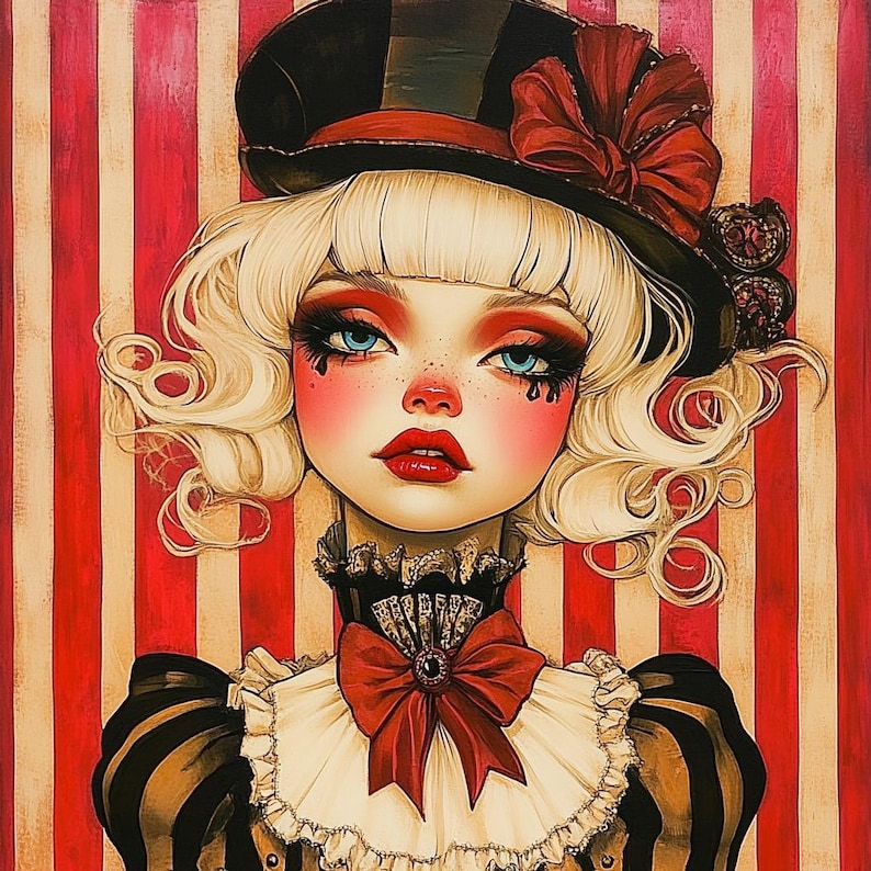 May include: A whimsical illustration of a girl with blonde hair wearing a black top hat with a red bow, a black and white striped dress, and a red bow around her neck. The background is a red and white striped pattern.